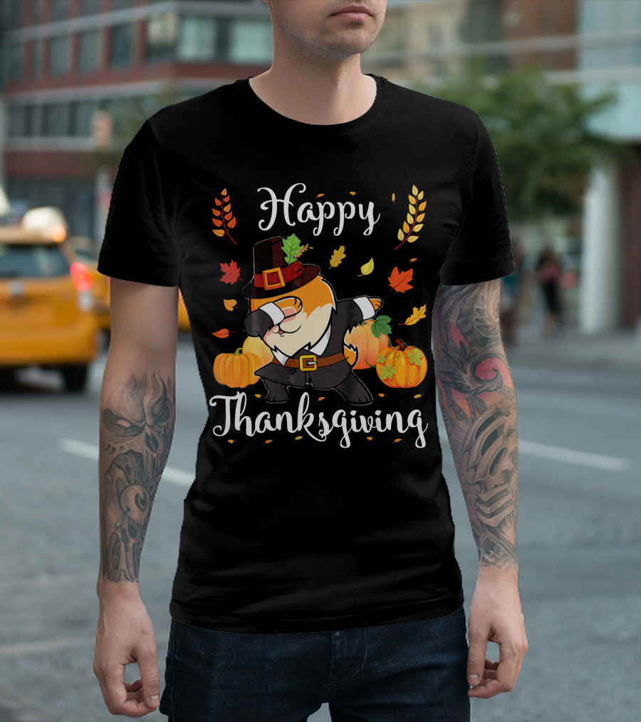 Happy Thanksgiving Pomeranian Pilgrim Dabbing With Pumpkins T-Shirt