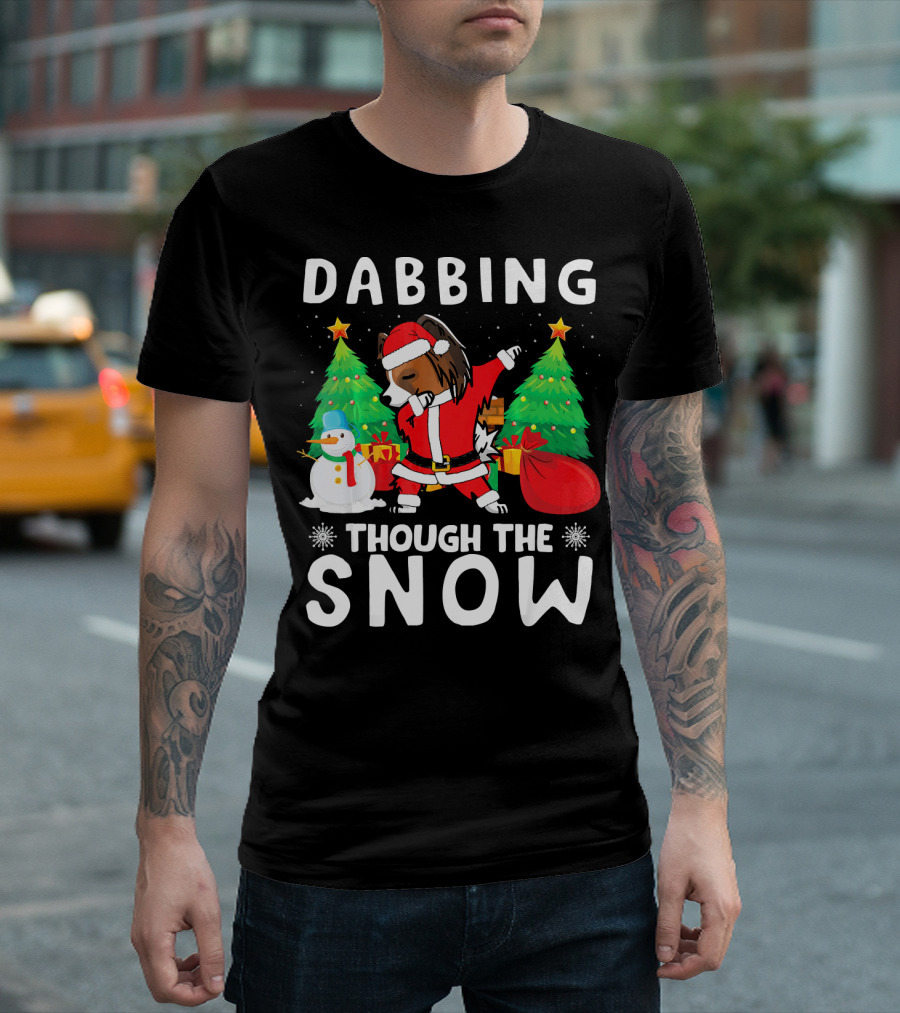 Dabbing Through The Snow Papillon Santa With Christmas Tree and Snowman T-Shirt