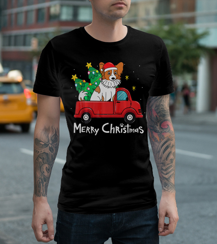 Papillon Merry Christmas Santa Dog In Red Truck With Trees T-Shirt