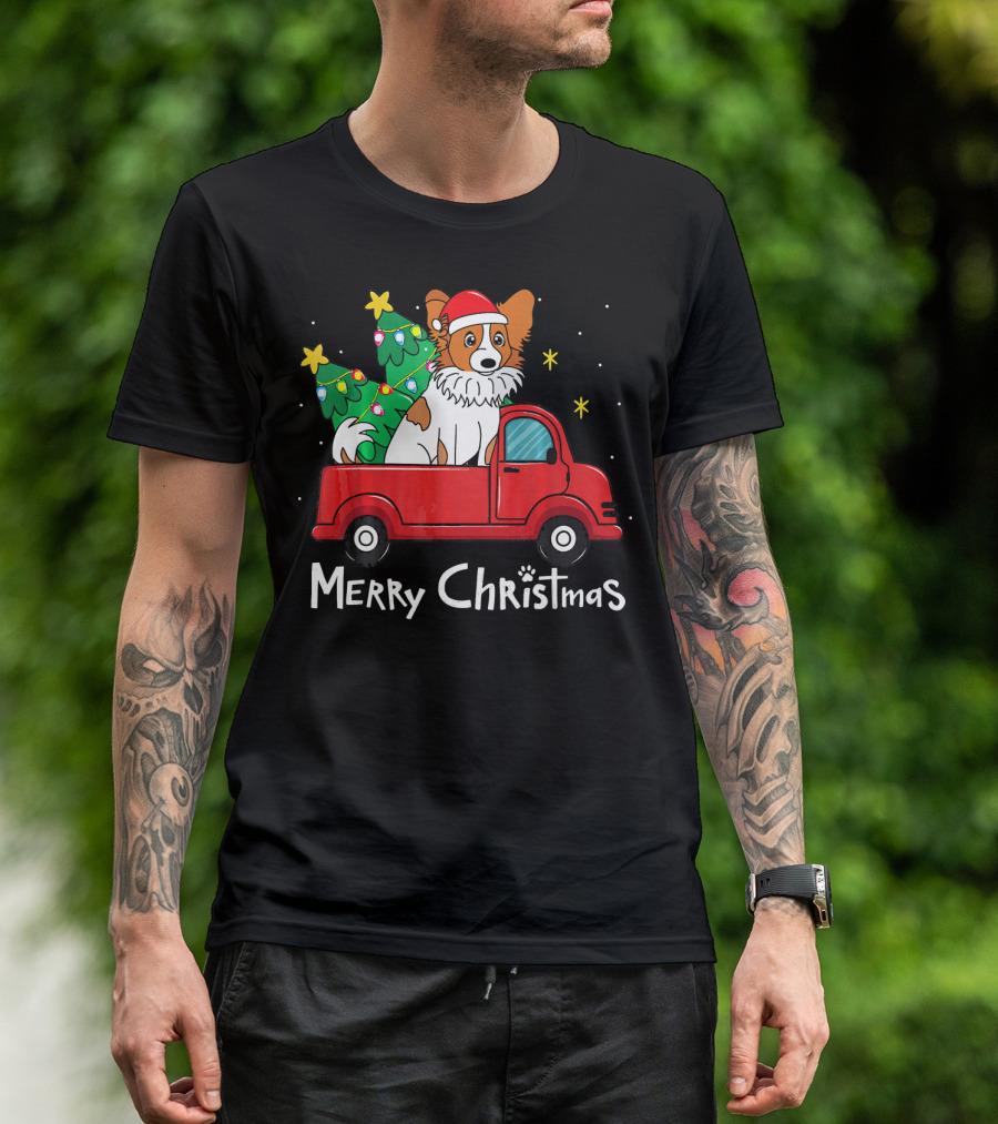 Papillon Merry Christmas Santa Dog In Red Truck With Trees T-Shirt