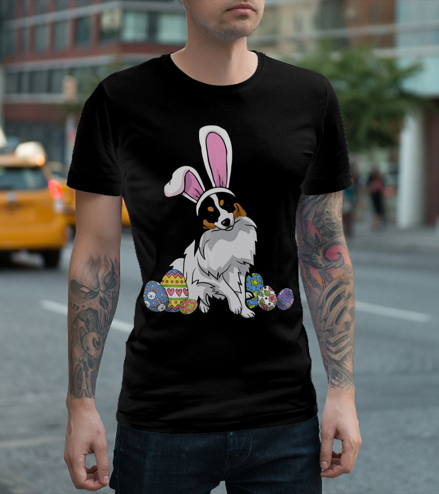 Papillon in Bunny Ears with Colorful Easter Eggs T-Shirt