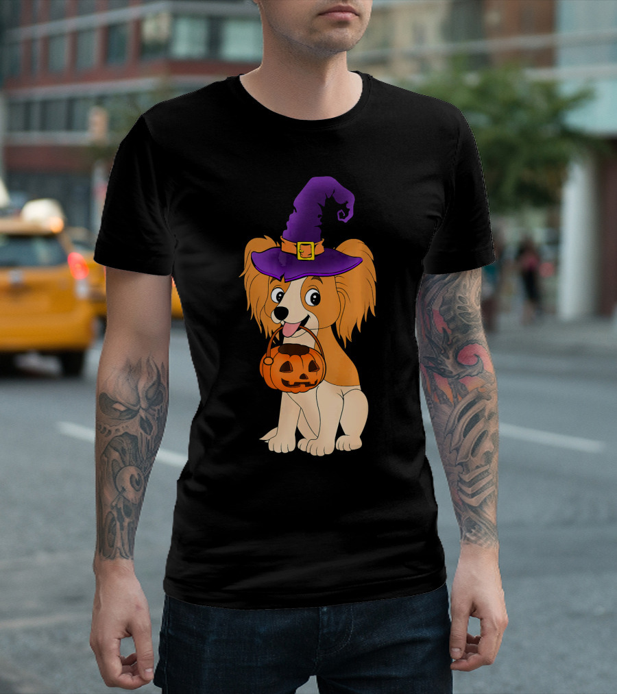 Papillon Dog with Witch Hat and Halloween Pumpkin T-Shirt