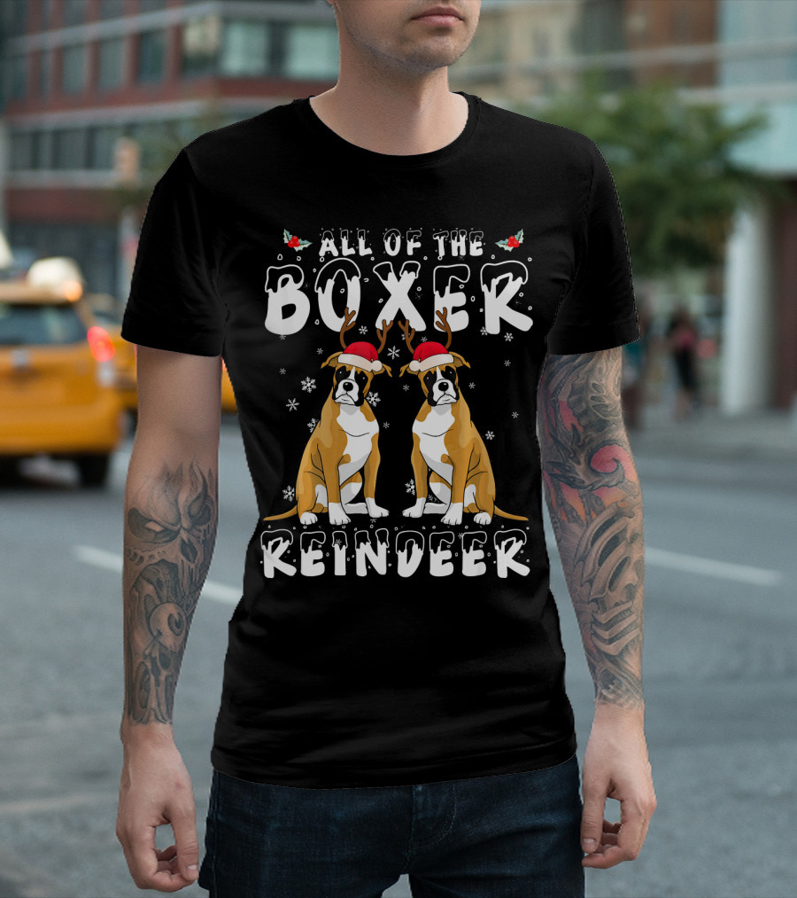 All Of The Boxer Reindeer Christmas Dog Snowflakes Antlers Santa Hats T-Shirt