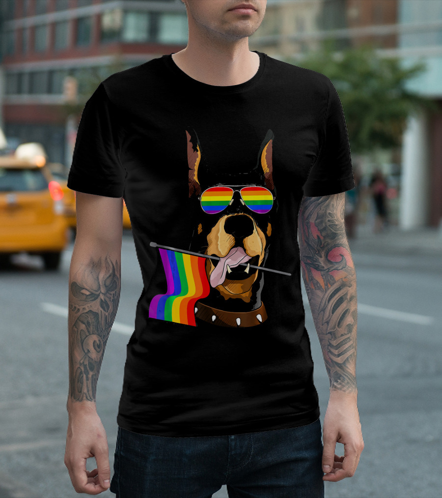 Pride Rainbow Flag Doberman with Sunglasses T-Shirt