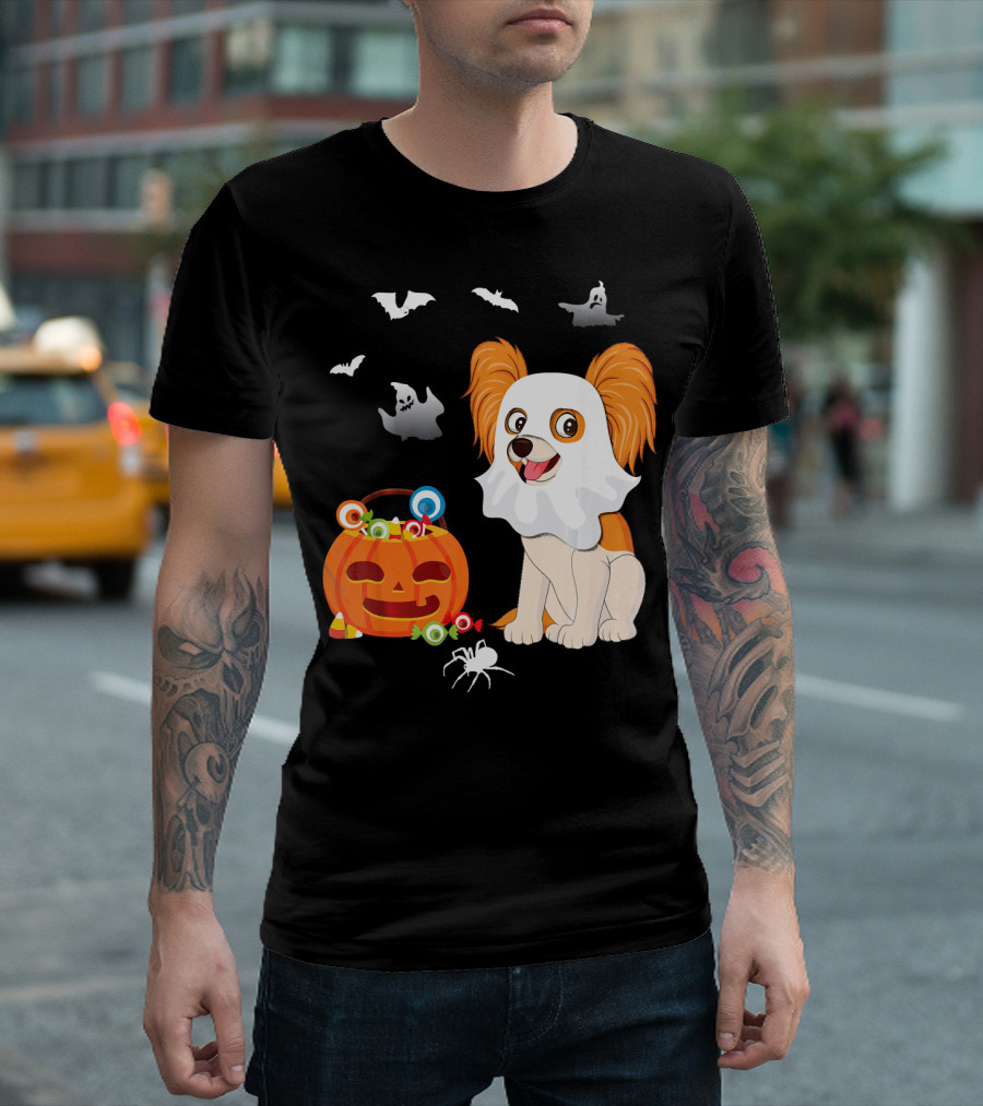 Papillon Ghost Halloween Pumpkin with Candy and Bats T-Shirt