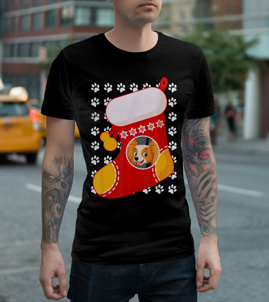 Papillon Christmas Stocking with Paw Prints and Winter Snowflakes T-Shirt