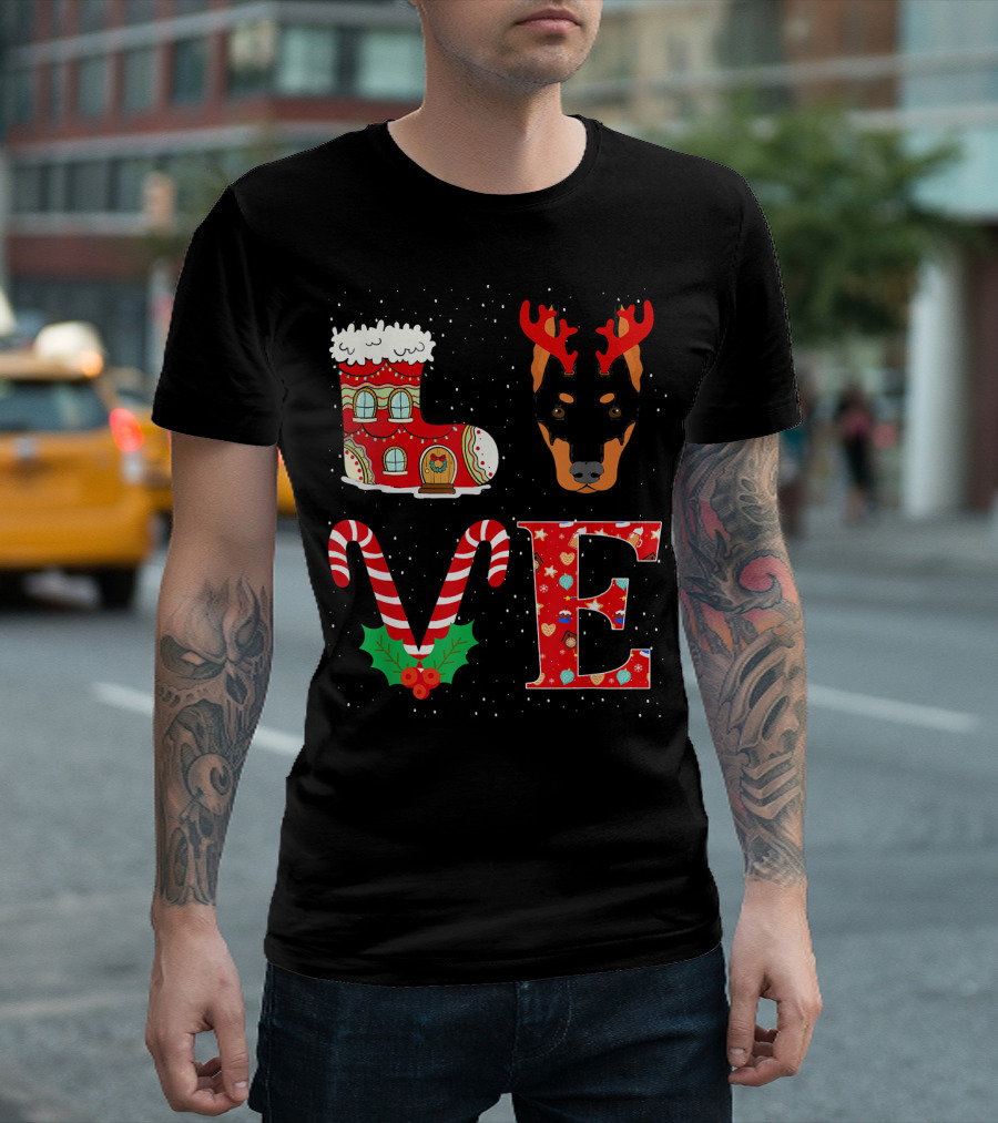 Love My Doberman Reindeer Horns Christmas Boot Candy Cane Holly T-Shirt