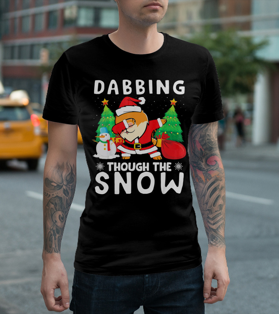 Dabbing Through the Snow Pomeranian Santa with Trees and Snowman T-Shirt