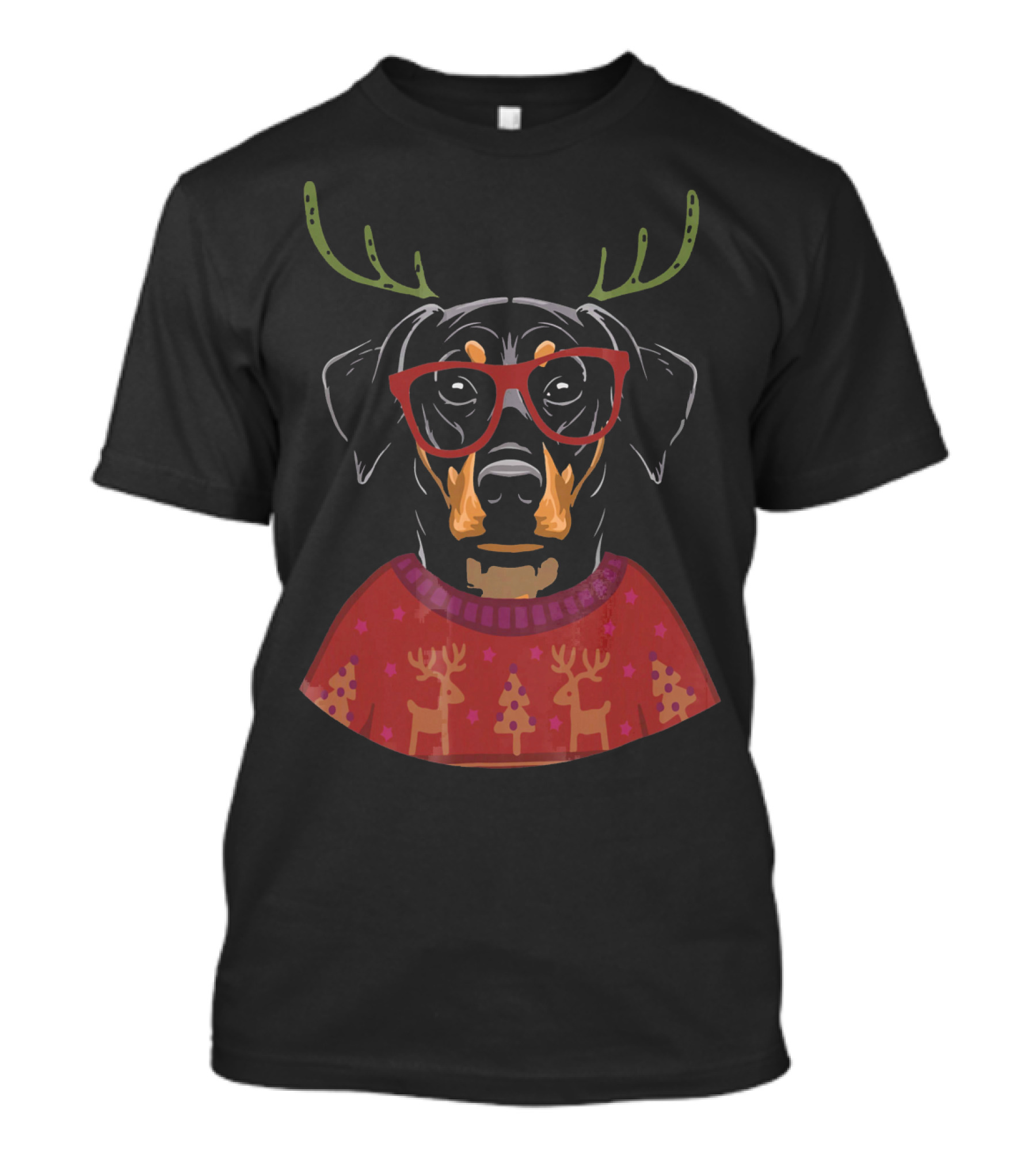 Doberman Dog Reindeer Antlers Christmas Sweater Glasses T-Shirt