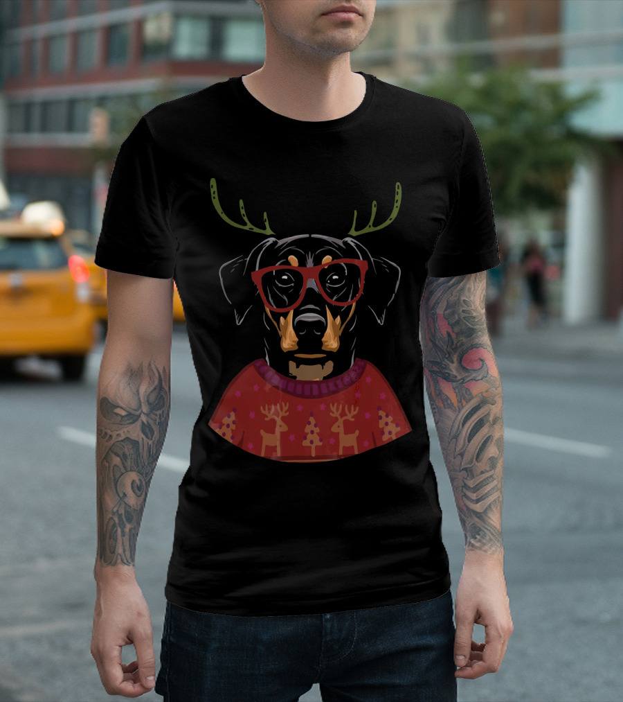 Doberman Dog Reindeer Antlers Christmas Sweater Glasses T-Shirt