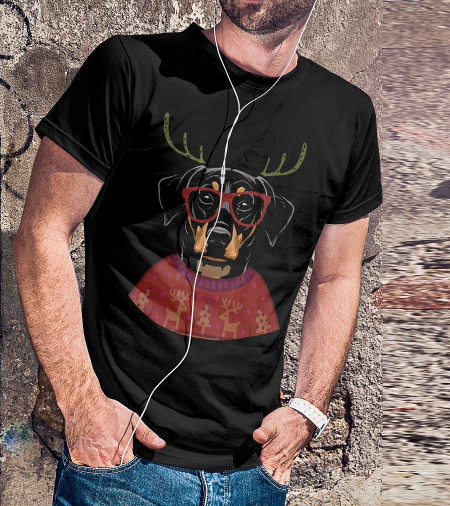 Doberman Dog Reindeer Antlers Christmas Sweater Glasses T-Shirt