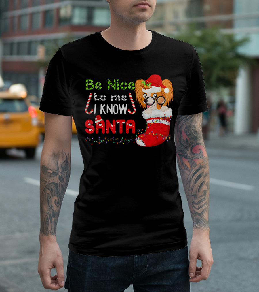 Be Nice to Me I Know Santa Papillon Dog in Santa Hat with Stocking and Christmas Lights T-Shirt