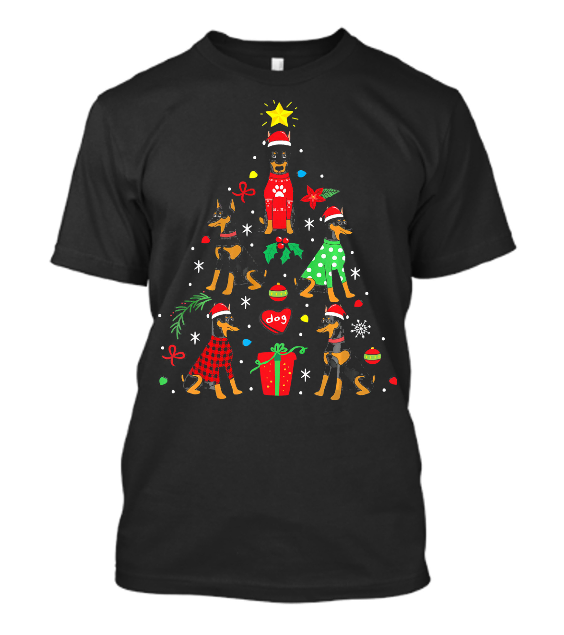 Doberman Dog Christmas Tree Decor With Ornaments And Gifts T-Shirt