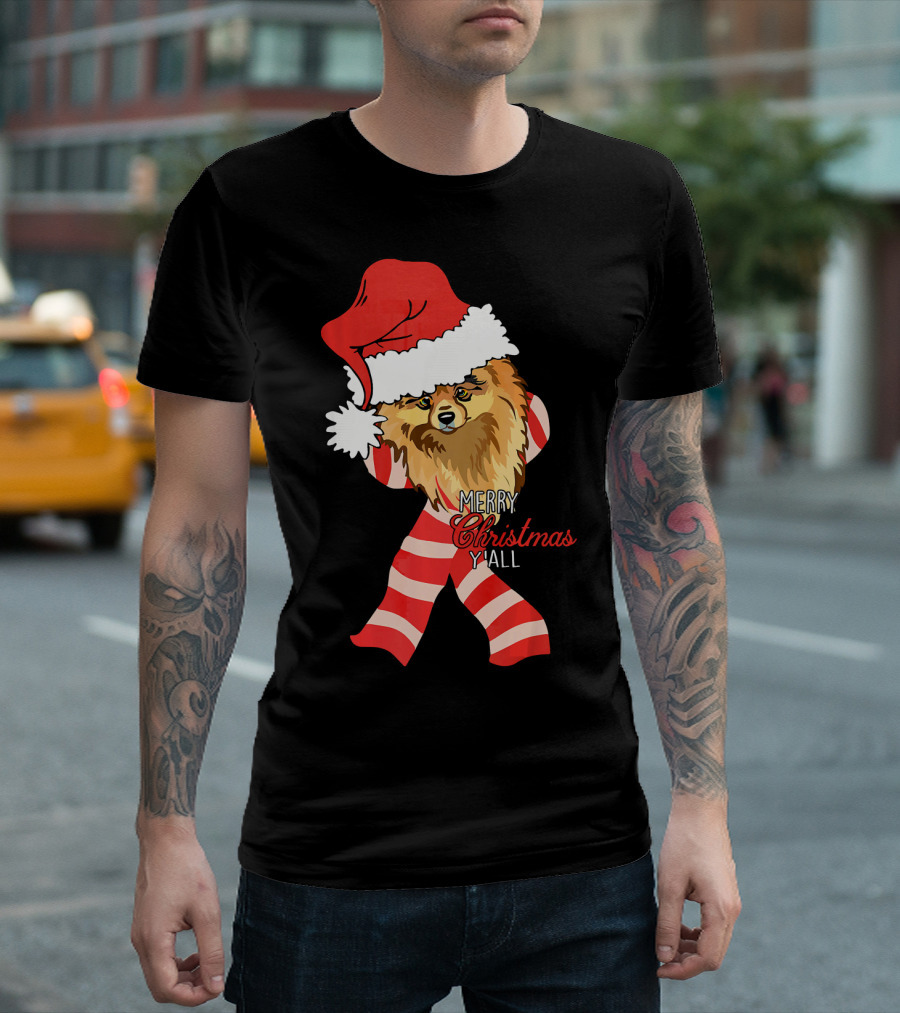 Merry Christmas Y'all Pomeranian Dog Santa Hat Striped Scarf T-Shirt