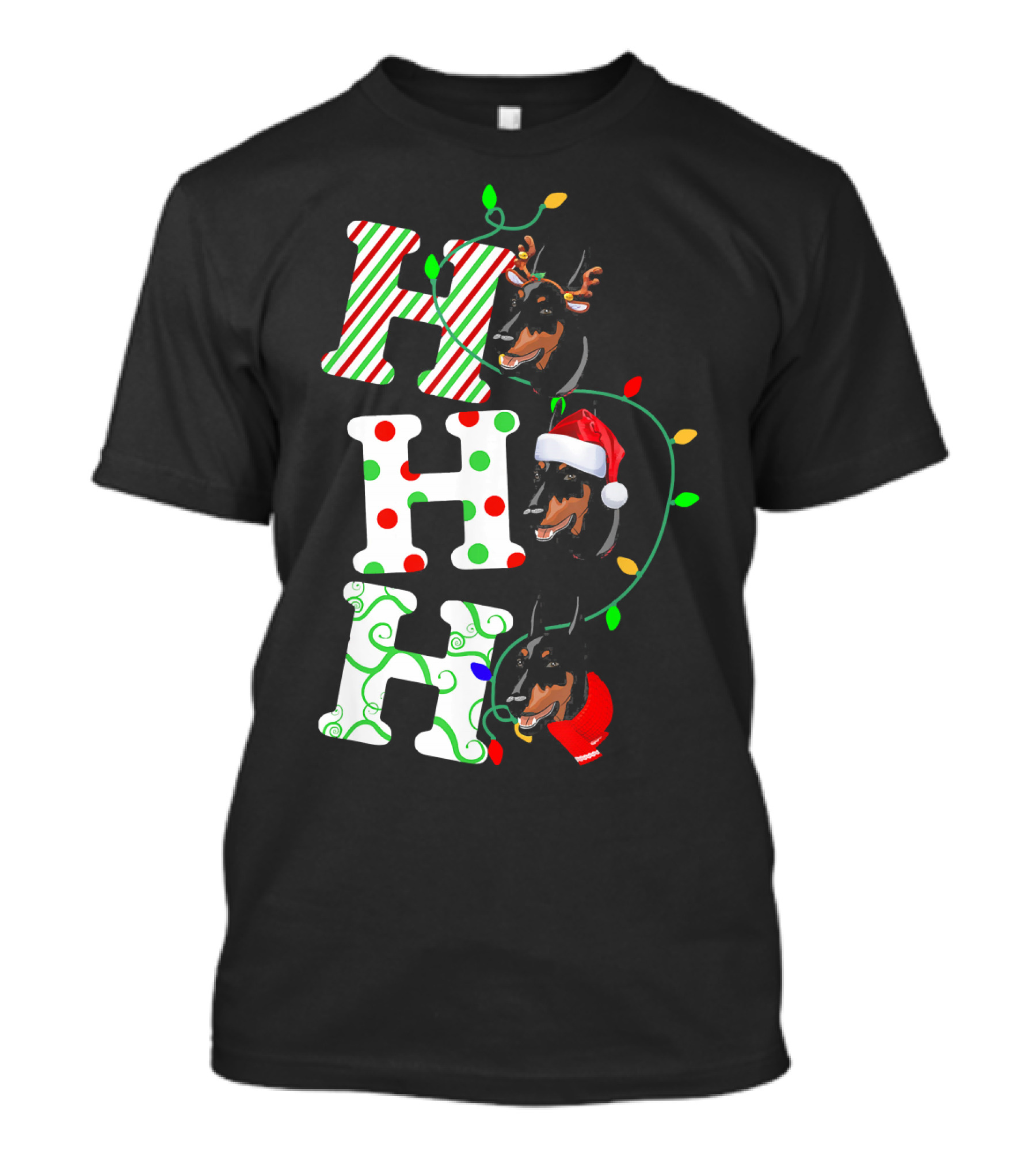 Doberman Pinscher Ho Ho Ho Santa Hat Christmas Reindeer Lights T-Shirt