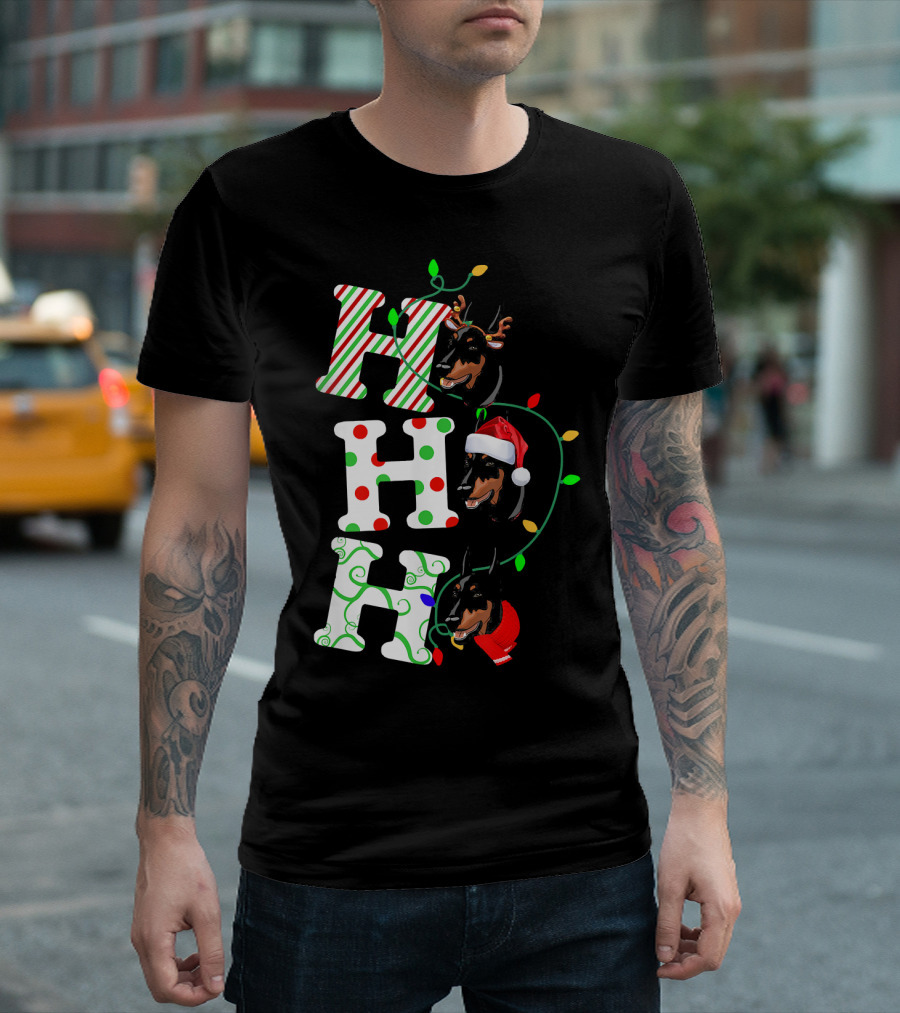 Doberman Pinscher Ho Ho Ho Santa Hat Christmas Reindeer Lights T-Shirt