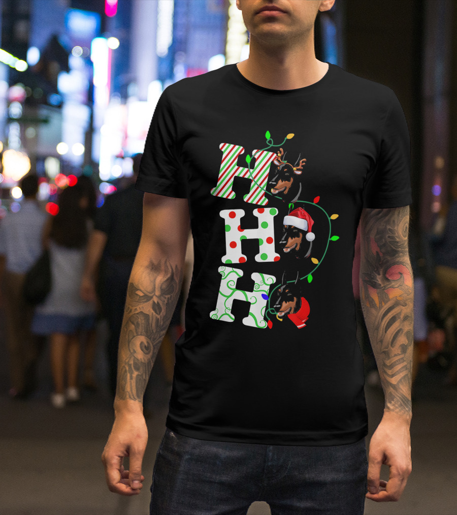 Doberman Pinscher Ho Ho Ho Santa Hat Christmas Reindeer Lights T-Shirt