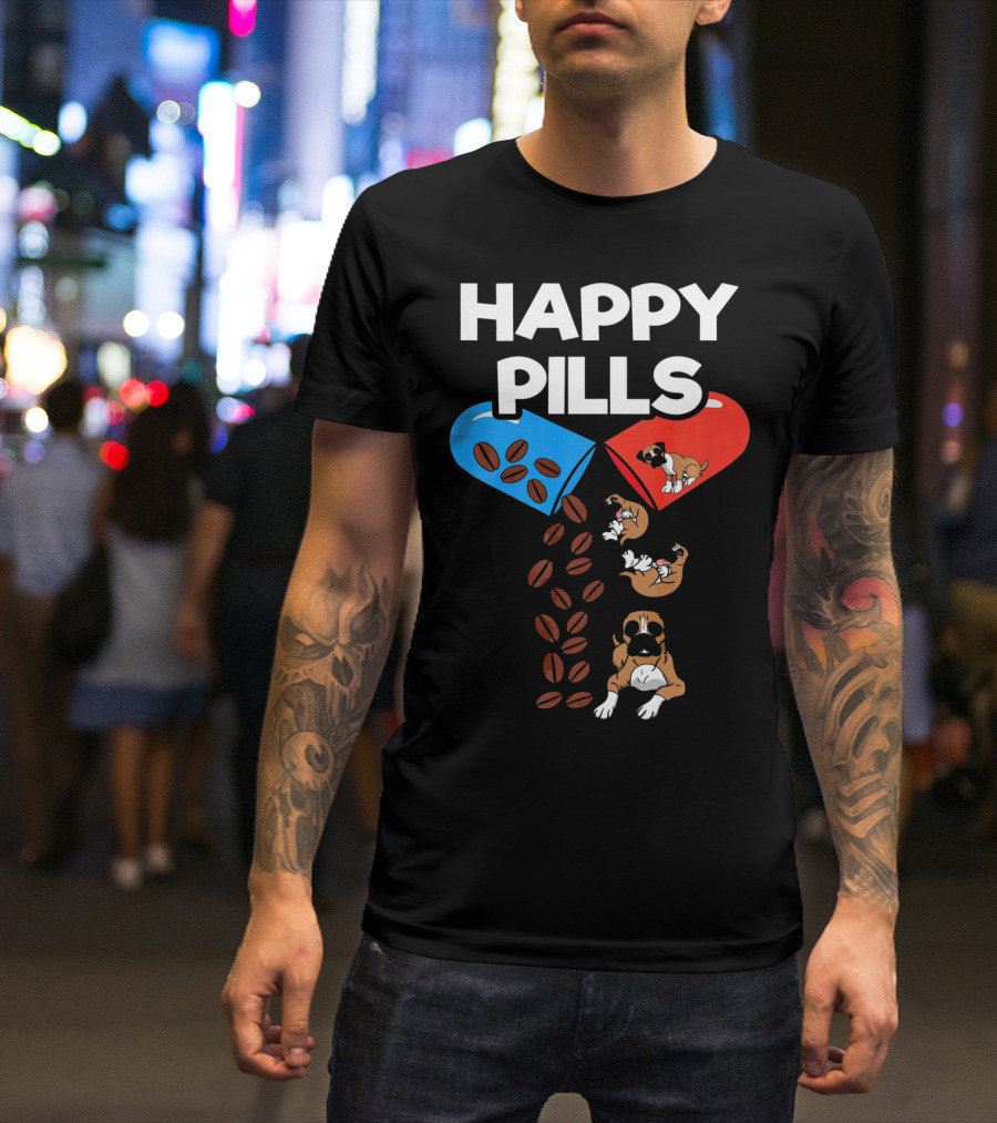 Boxer Dog Coffee Happy Pills Funny Dog Playful Capsules T-Shirt