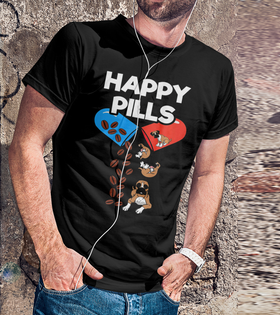 Boxer Dog Coffee Happy Pills Funny Dog Playful Capsules T-Shirt