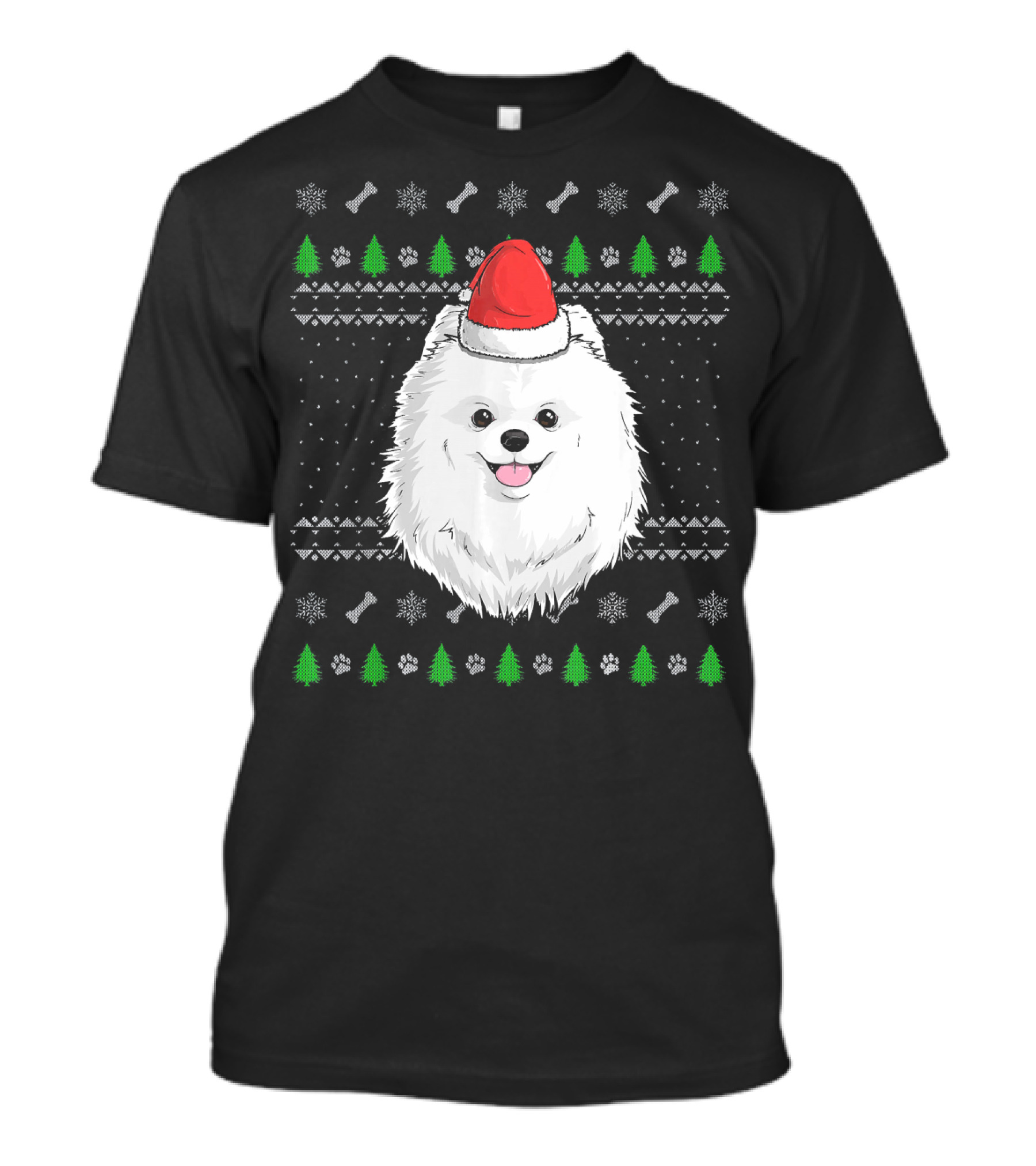 Pomeranian Dog Santa Claus Hat Christmas Pattern With Trees And Bones T-Shirt