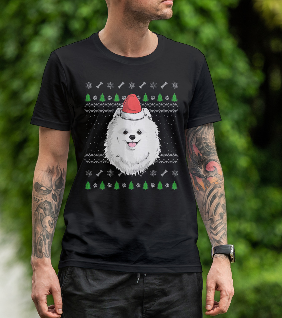 Pomeranian Dog Santa Claus Hat Christmas Pattern With Trees And Bones T-Shirt