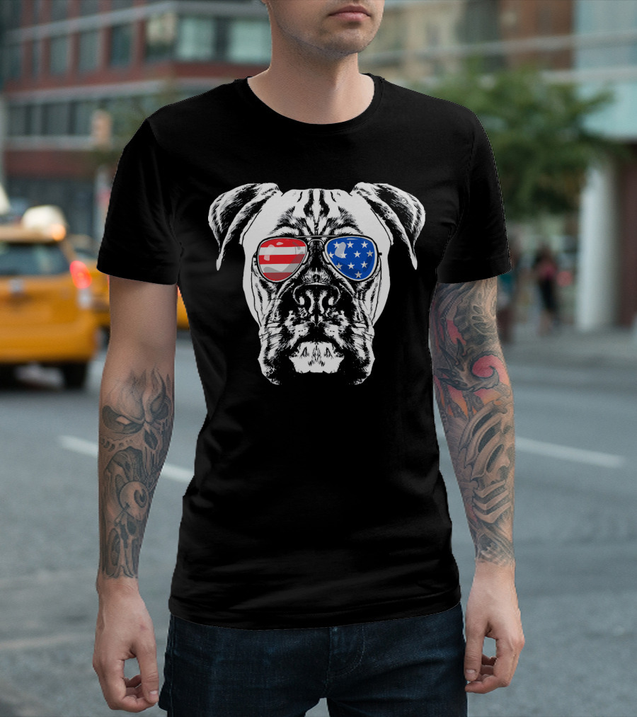Boxer Dog With American Flag Sunglasses T-Shirt