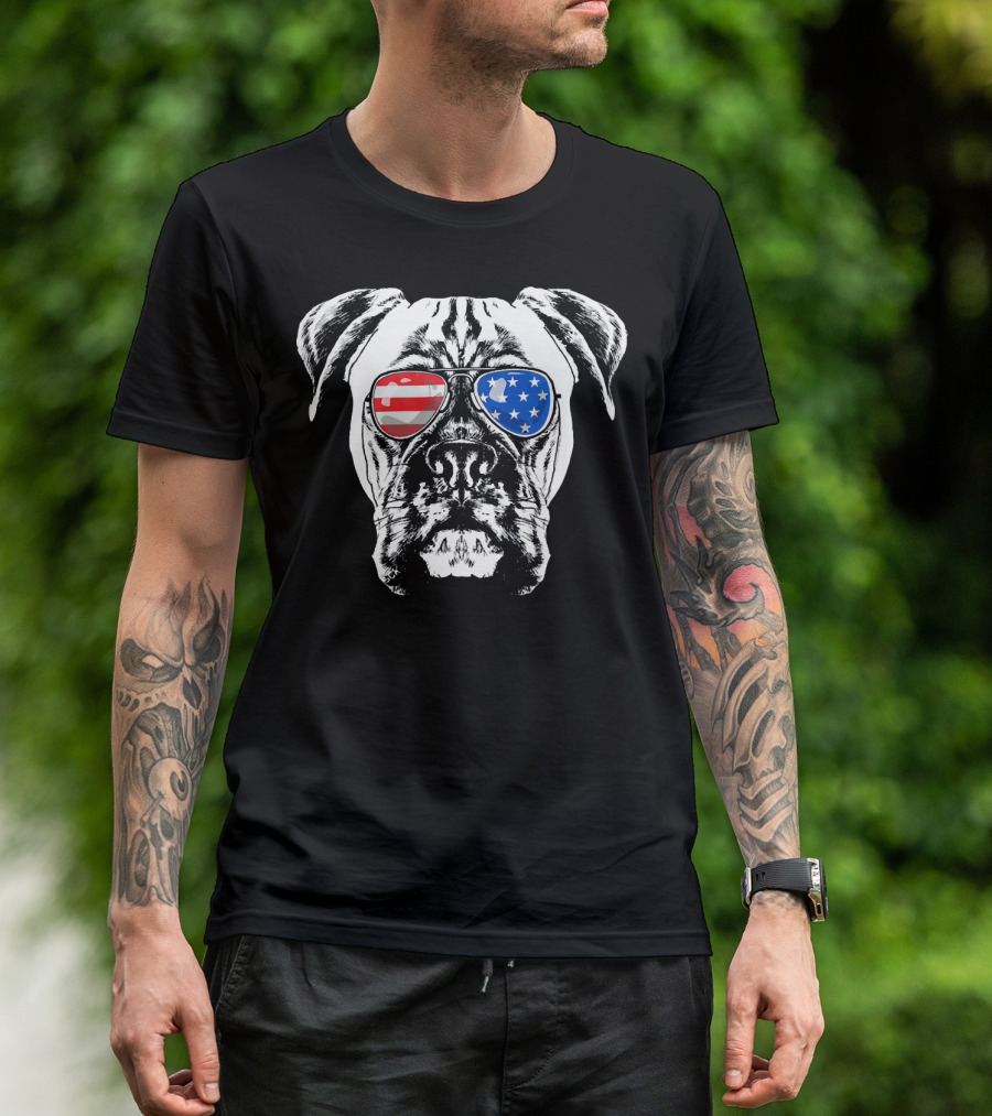Boxer Dog With American Flag Sunglasses T-Shirt
