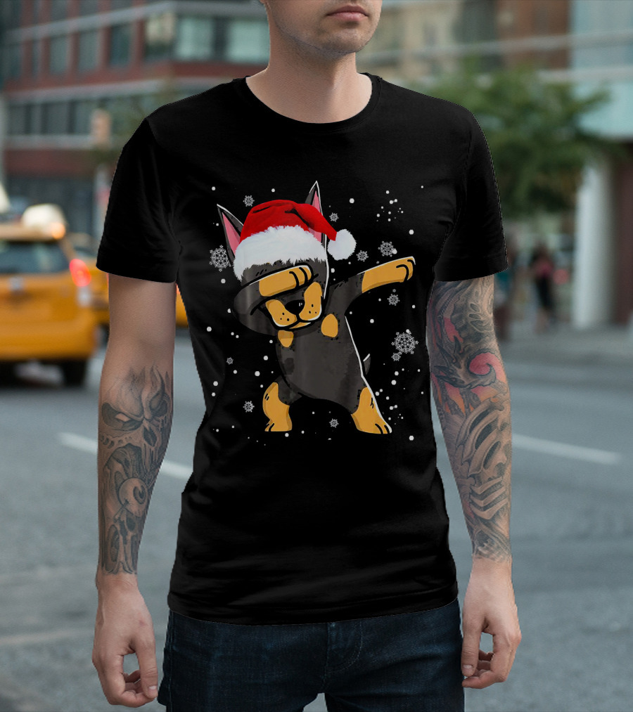 Doberman Dabbing Santa Hat Christmas Snowflakes Dog Love T-Shirt