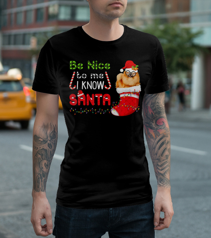 Be Nice To Me I Know Santa Pomeranian In Christmas Stocking With Holiday Lights And Candy Canes T-Shirt