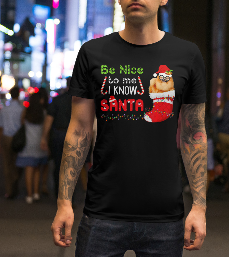 Be Nice To Me I Know Santa Pomeranian In Christmas Stocking With Holiday Lights And Candy Canes T-Shirt