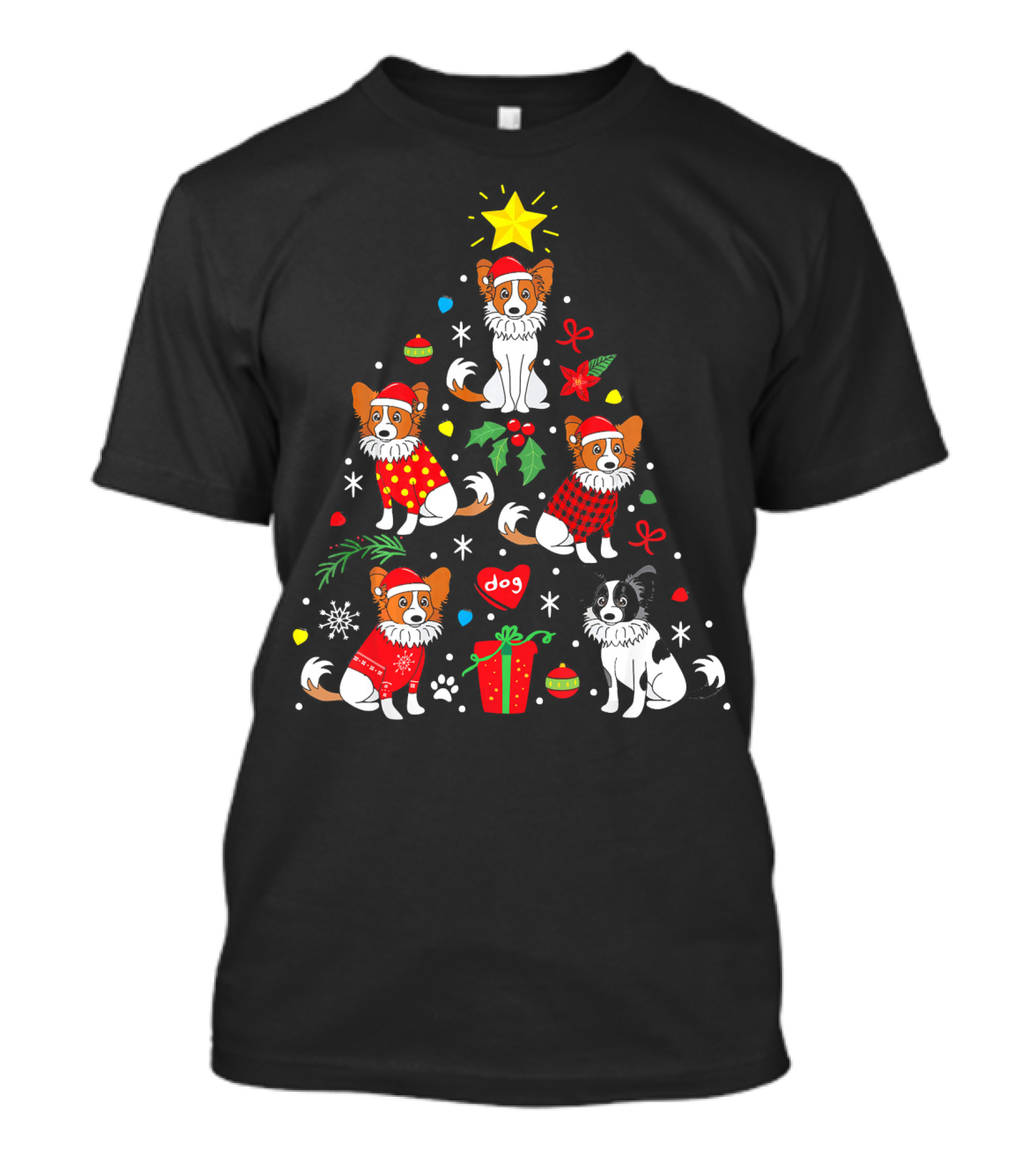 Papillon Dog Christmas Tree Design With Festive Ornaments And Santa Hats T-Shirt
