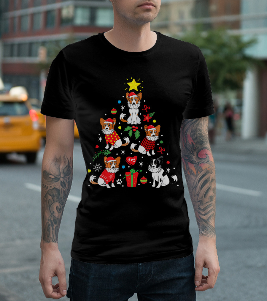 Papillon Dog Christmas Tree Design With Festive Ornaments And Santa Hats T-Shirt