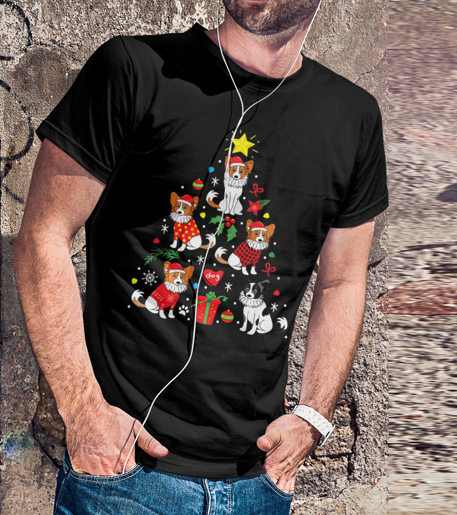 Papillon Dog Christmas Tree Design With Festive Ornaments And Santa Hats T-Shirt