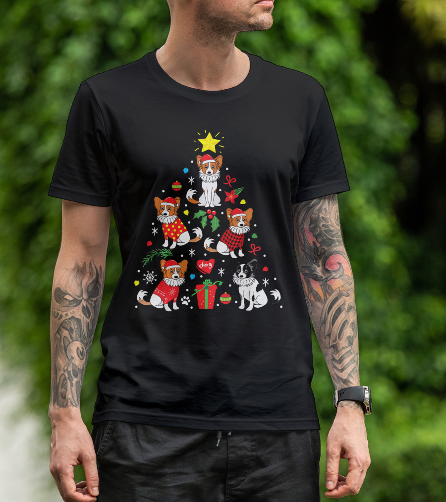 Papillon Dog Christmas Tree Design With Festive Ornaments And Santa Hats T-Shirt