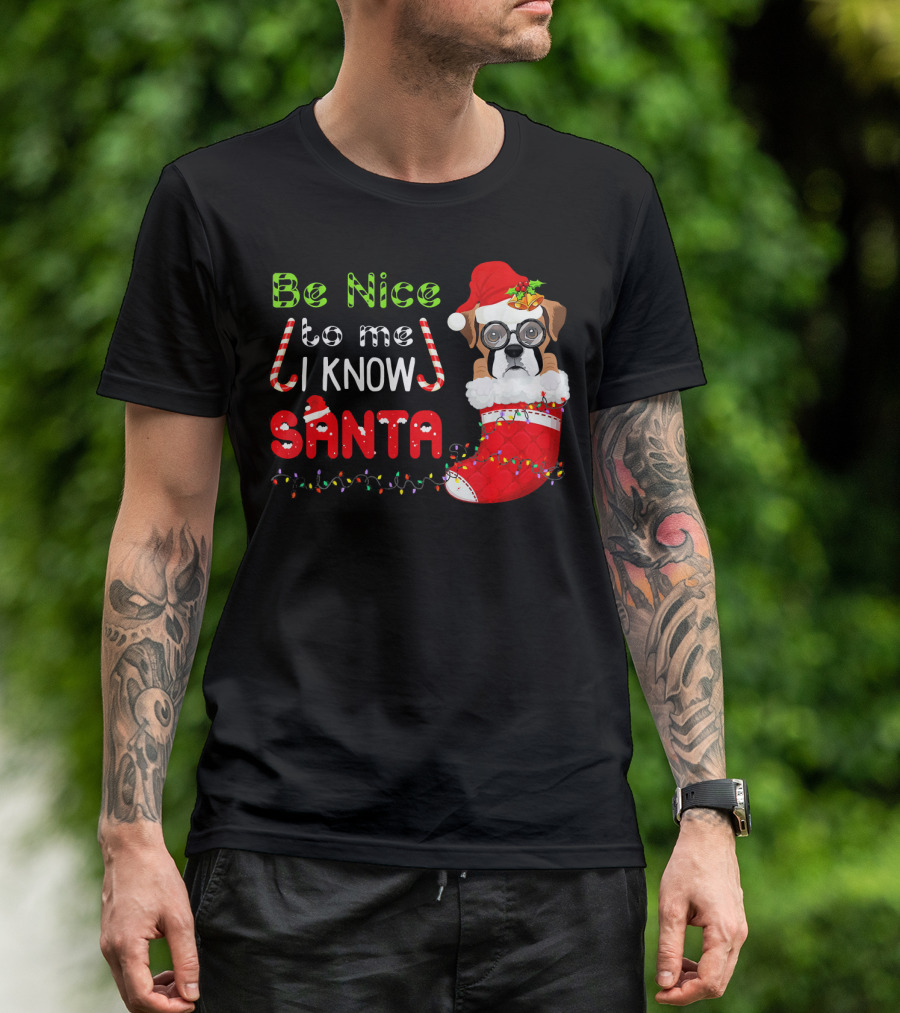 Be Nice To Me I Know Santa Boxer In Christmas Stocking T-Shirt