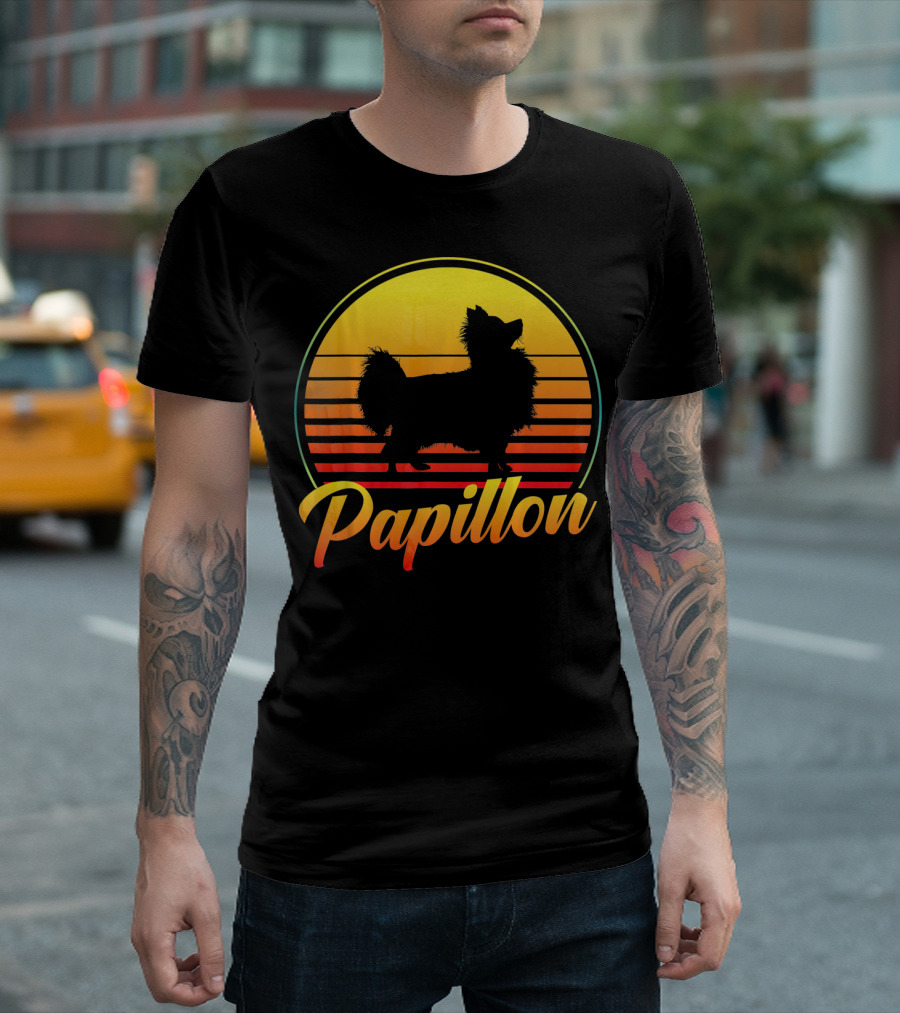 Papillon Dog Retro Sunset T-Shirt