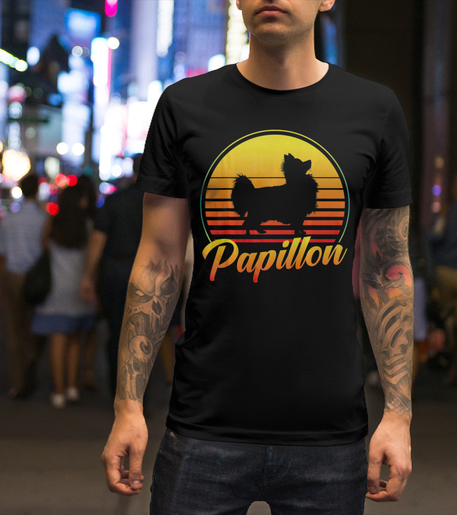 Papillon Dog Retro Sunset T-Shirt