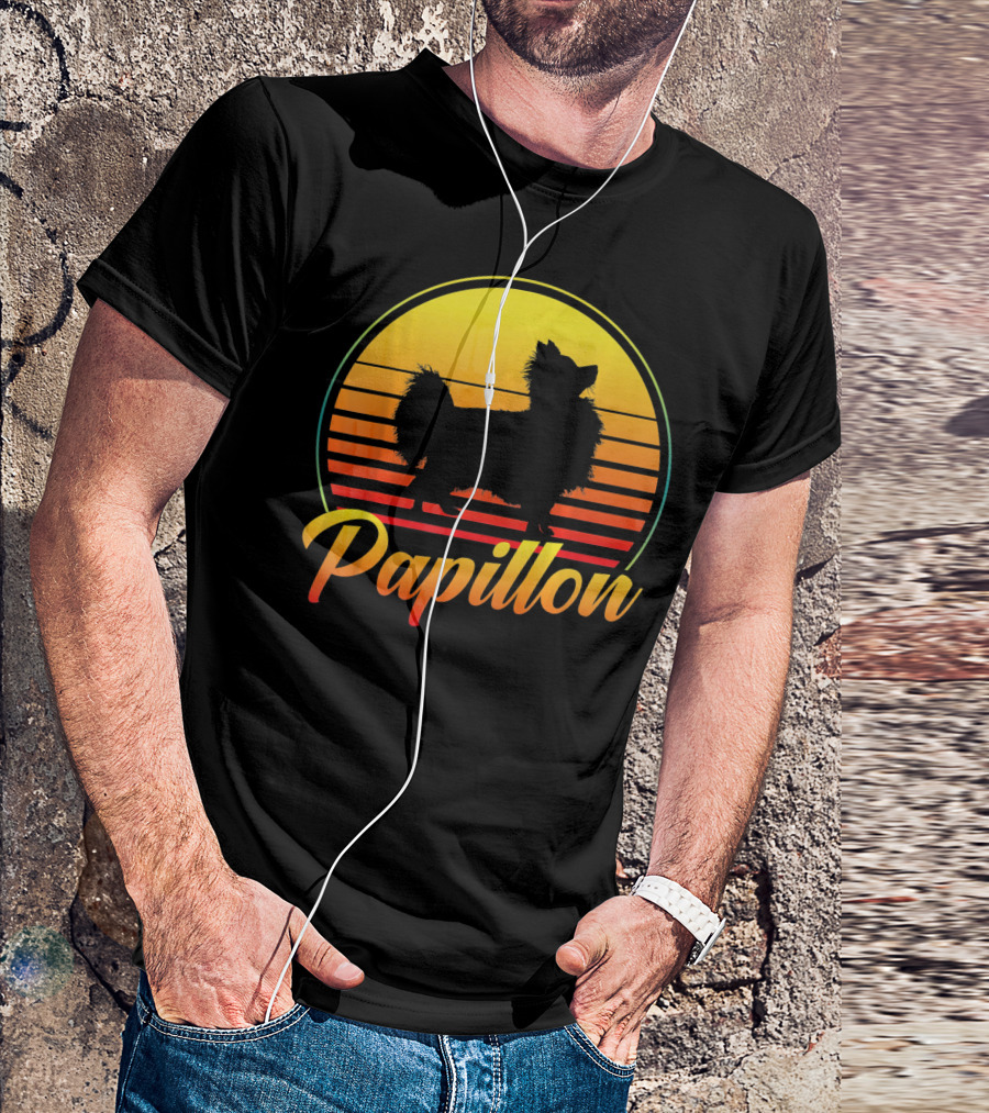Papillon Dog Retro Sunset T-Shirt