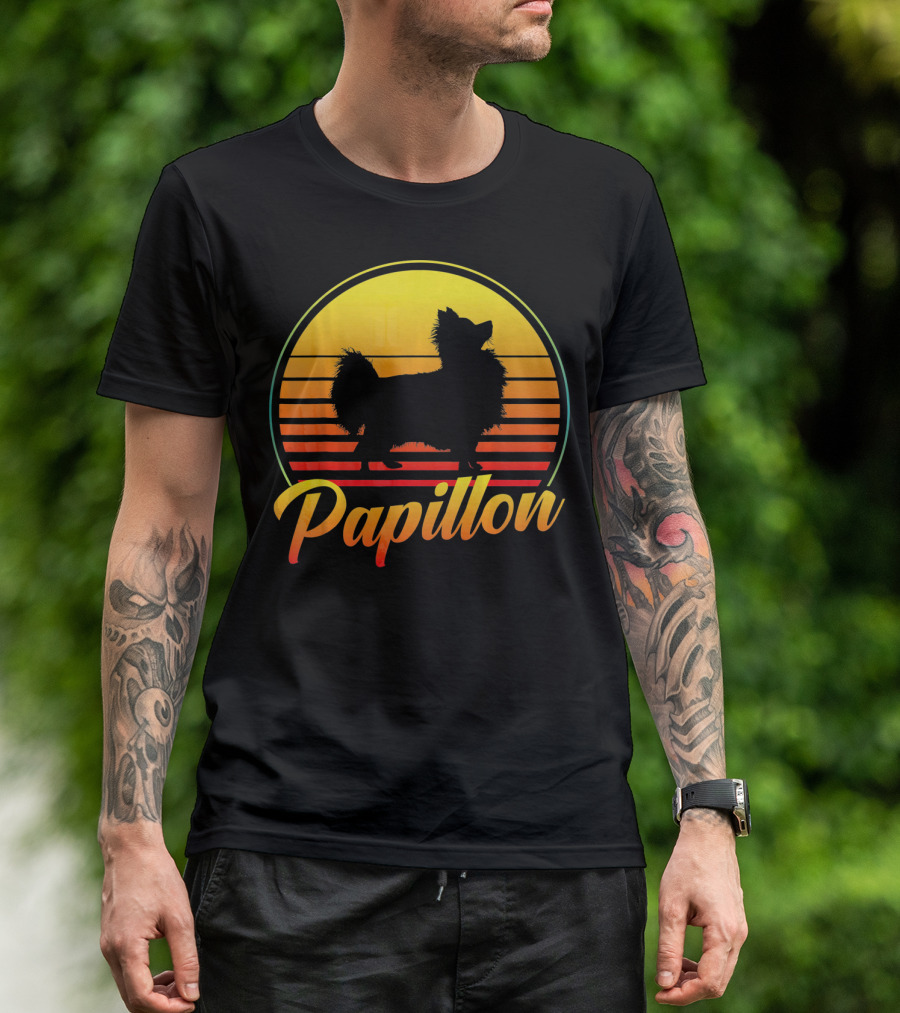 Papillon Dog Retro Sunset T-Shirt
