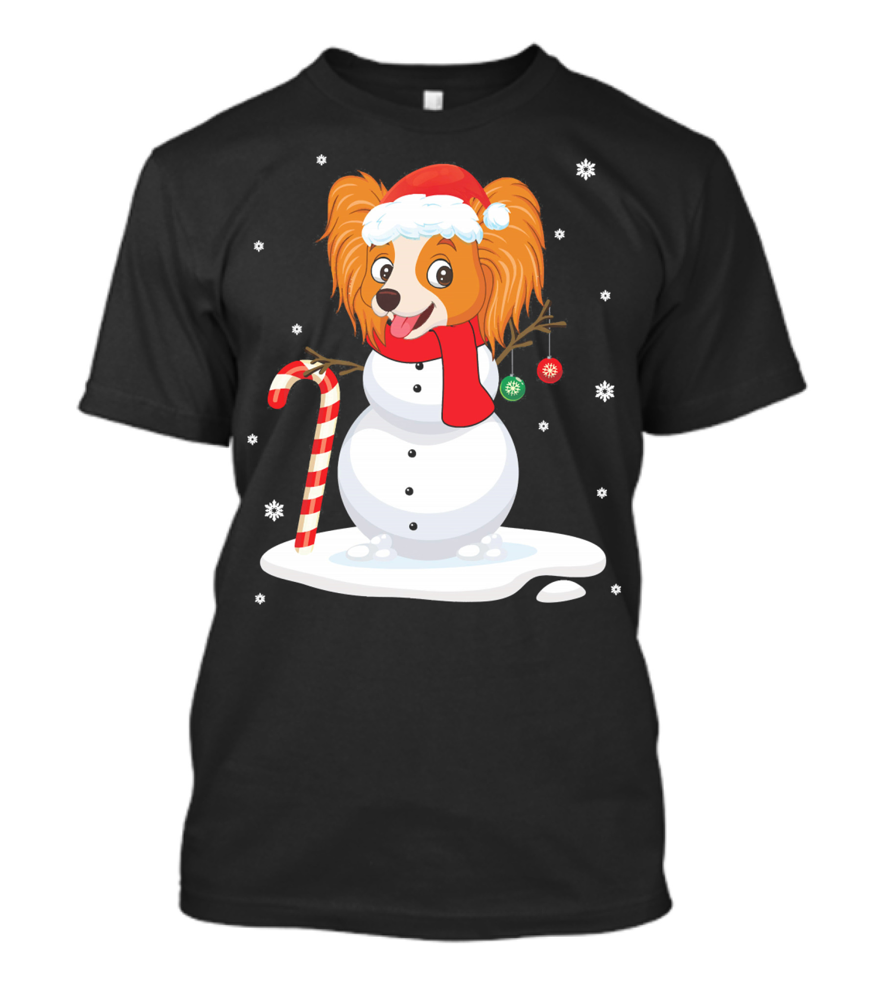 Papillon Snowman Noel Costume With Santa Hat And Candy Cane T-Shirt
