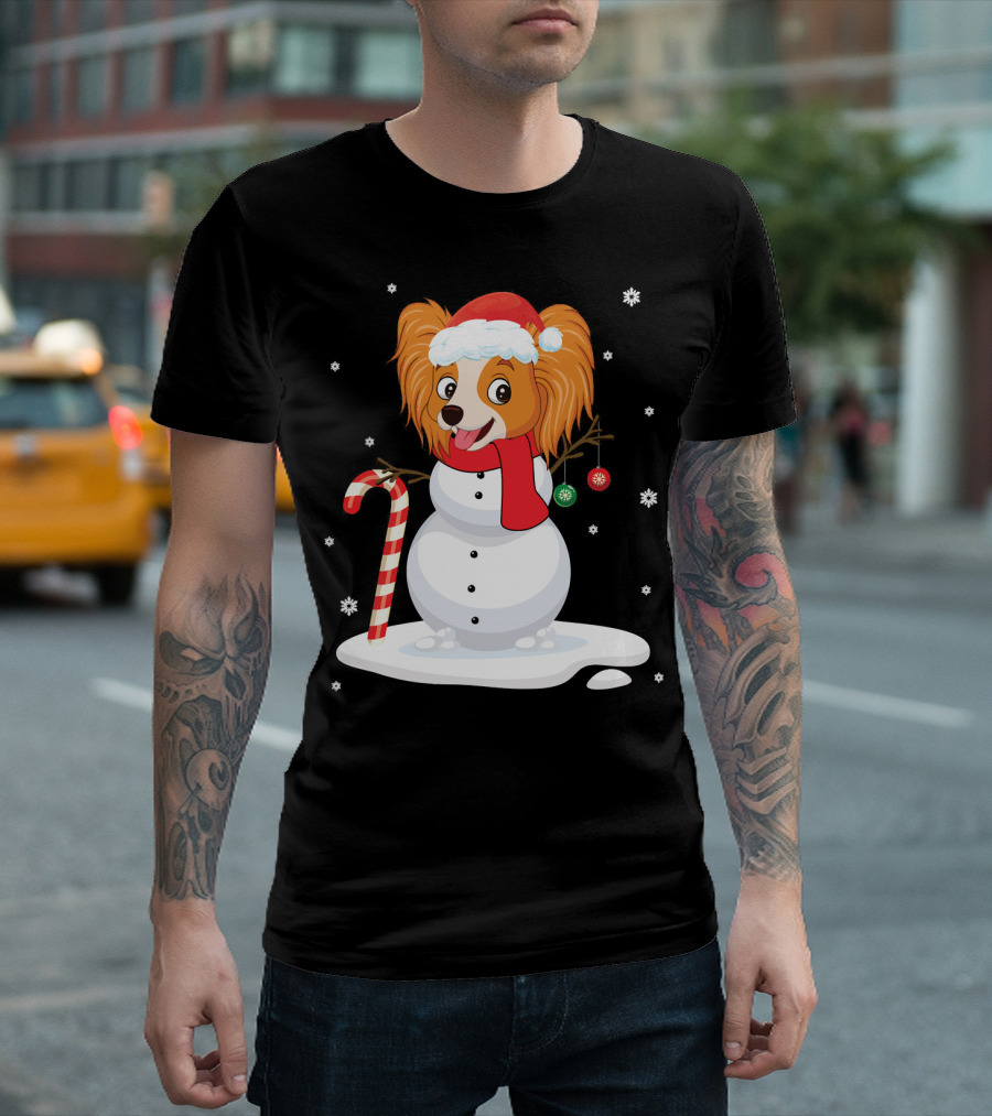 Papillon Snowman Noel Costume With Santa Hat And Candy Cane T-Shirt