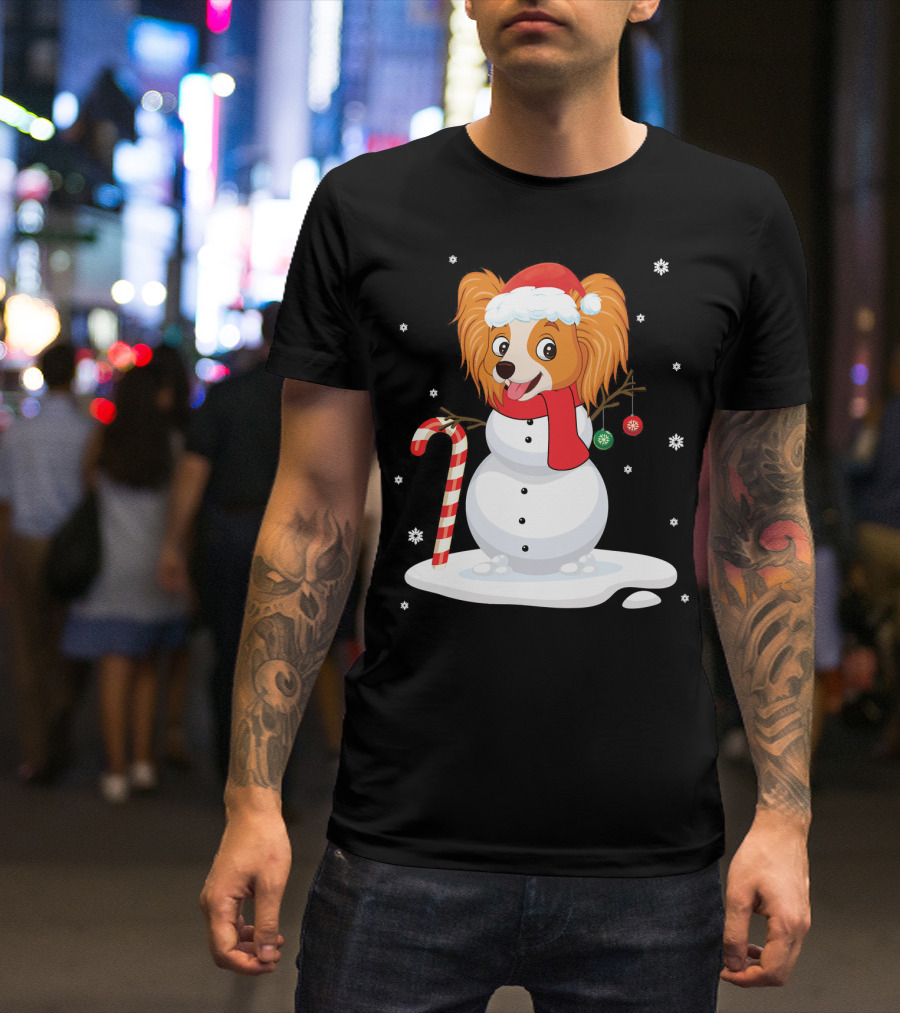 Papillon Snowman Noel Costume With Santa Hat And Candy Cane T-Shirt