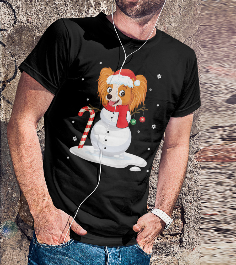Papillon Snowman Noel Costume With Santa Hat And Candy Cane T-Shirt
