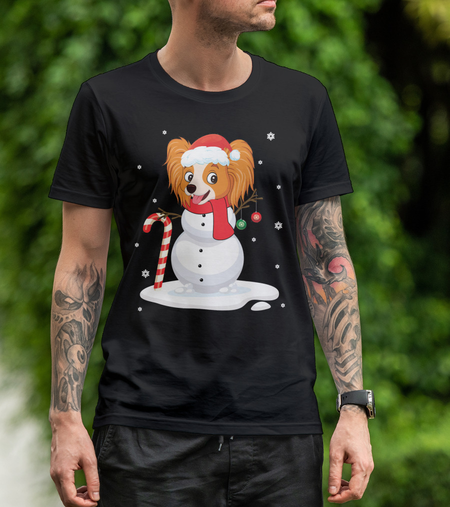 Papillon Snowman Noel Costume With Santa Hat And Candy Cane T-Shirt
