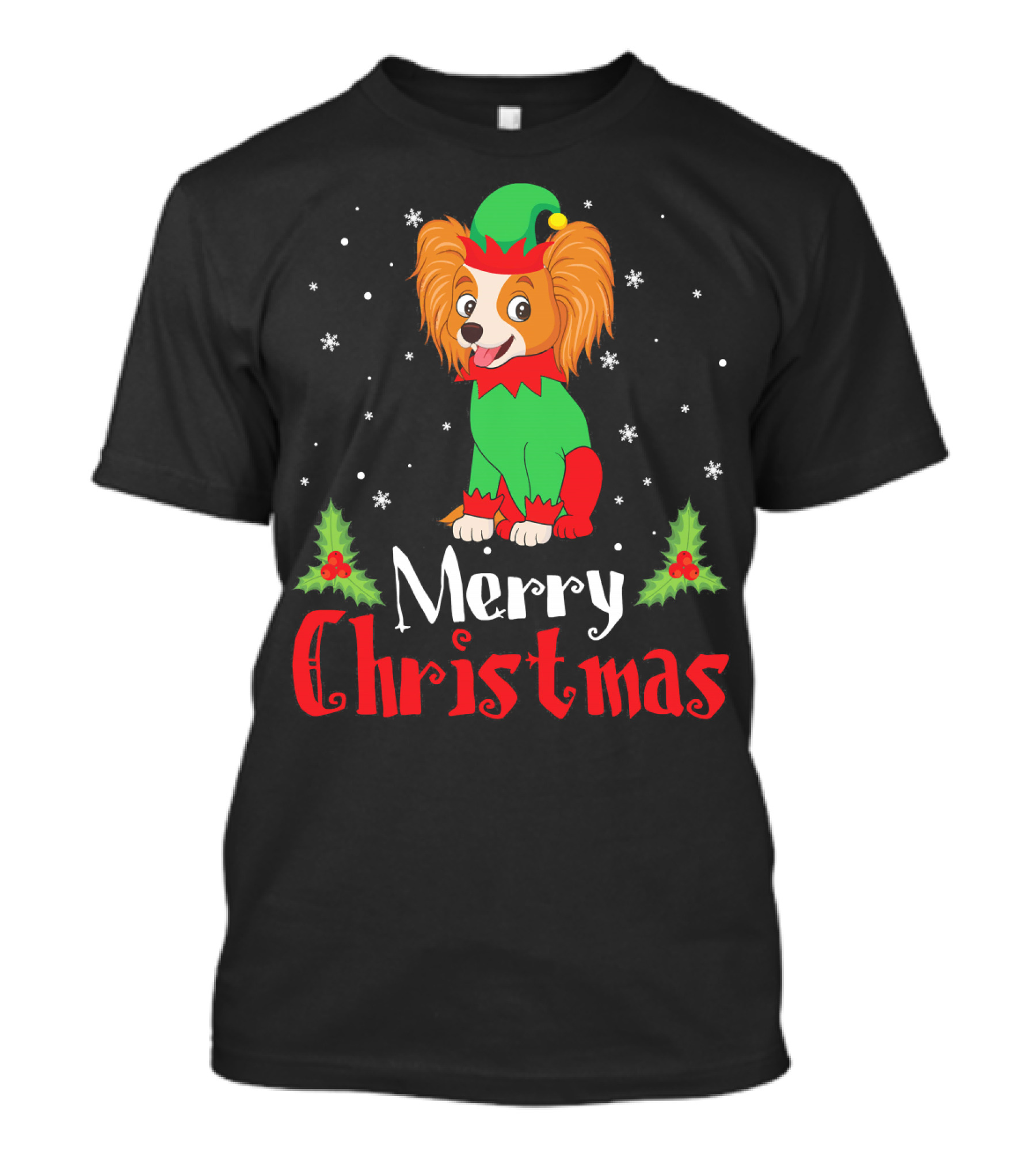 Papillon In Elf Costume Merry Christmas With Holly And Snowflakes T-Shirt