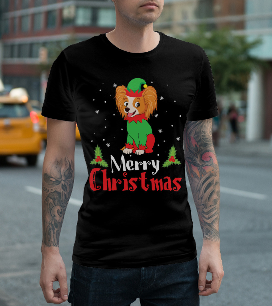 Papillon In Elf Costume Merry Christmas With Holly And Snowflakes T-Shirt