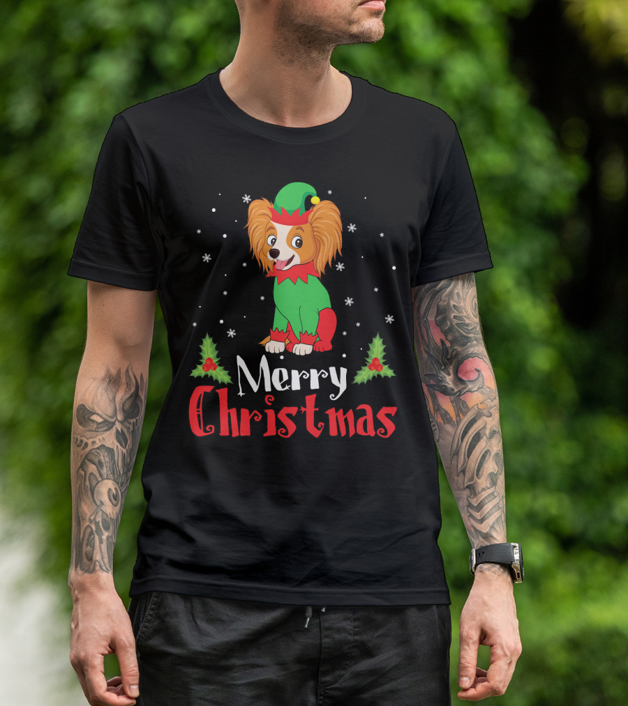 Papillon In Elf Costume Merry Christmas With Holly And Snowflakes T-Shirt