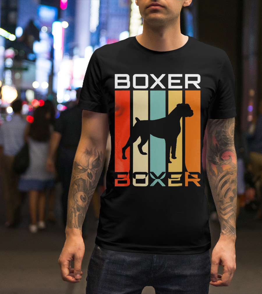 Boxer Dog 70s Retro Vintage Silhouette Stripes T-Shirt