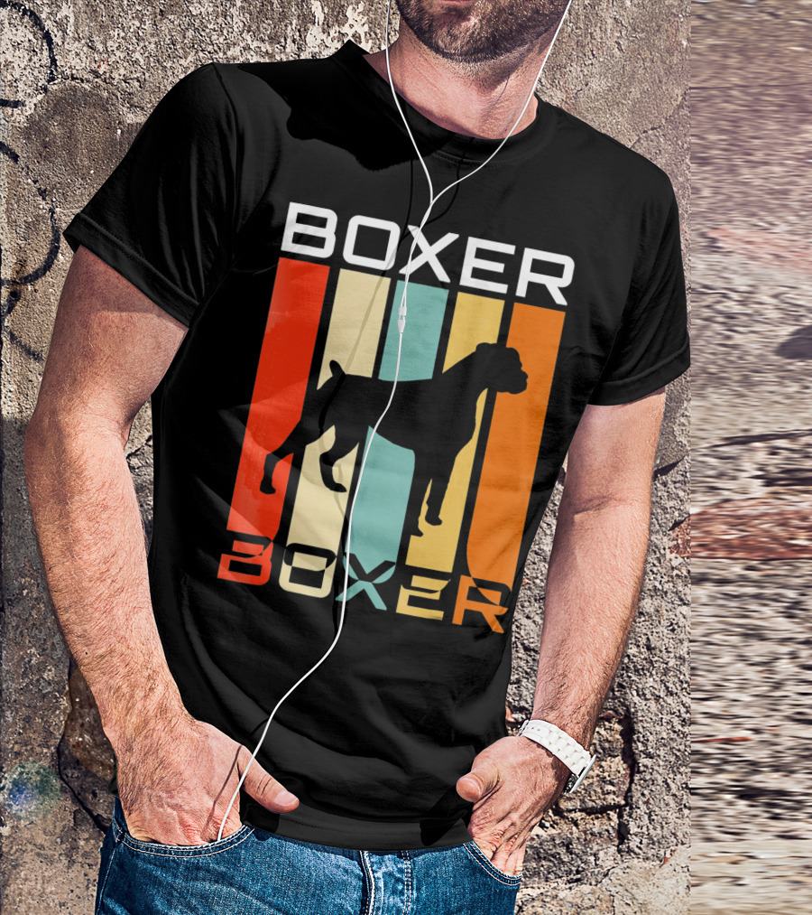 Boxer Dog 70s Retro Vintage Silhouette Stripes T-Shirt