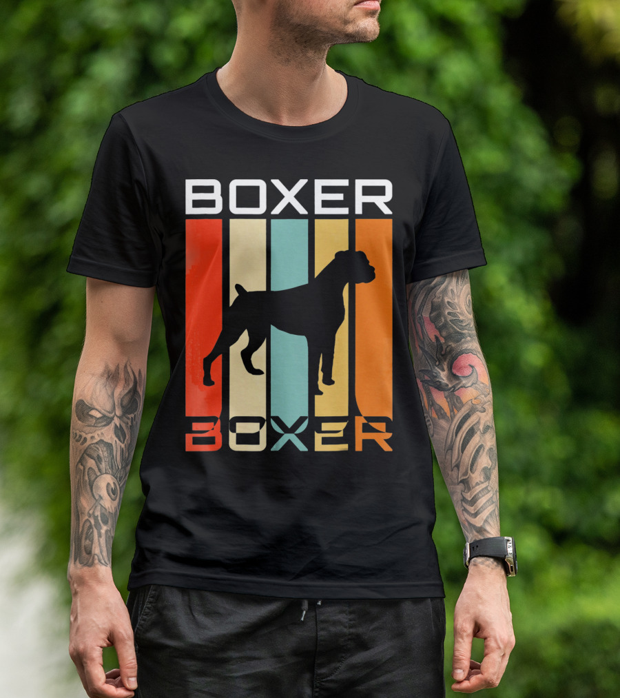 Boxer Dog 70s Retro Vintage Silhouette Stripes T-Shirt